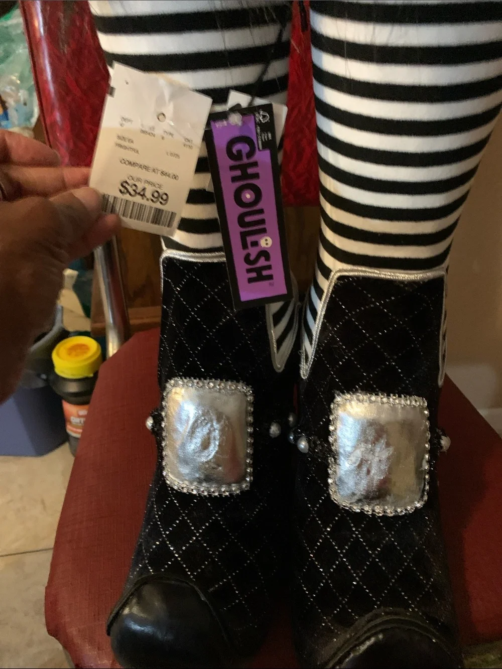 Halloween Decor Witch Striped Black & White Faux-Fur with Curl Toes boots
